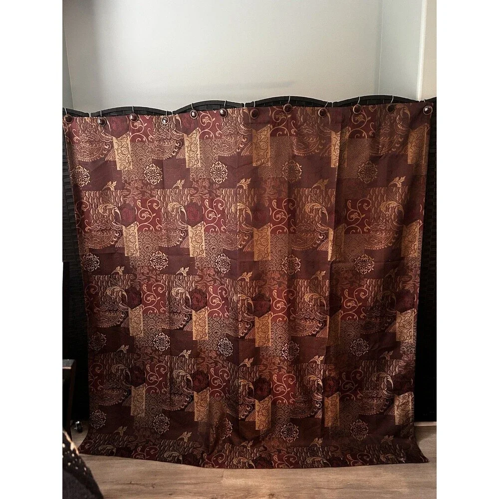 Burgandy Gold Paisley Patchwork Fabric Shower Curtain Hooks 72x72 No Liner Bath